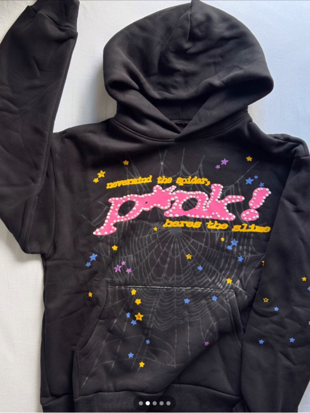 Spyder Black Hoodie with Pink 'prak!' Graphic and Multicolor Stars
